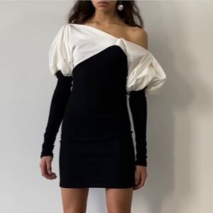 Aaizel Asymmetric Puff Mini Long Sleeve Dress M